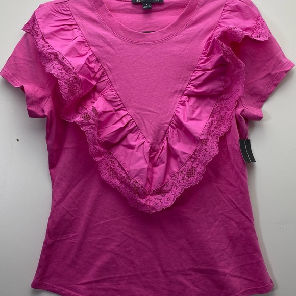 Women's Lace-Ruffle T-Shirt (Small, Bright Peony) INC International Concepts New - Picture 4 of 8